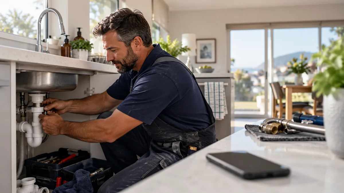 A plumber repairing the pipework beneath a kitchen sink.