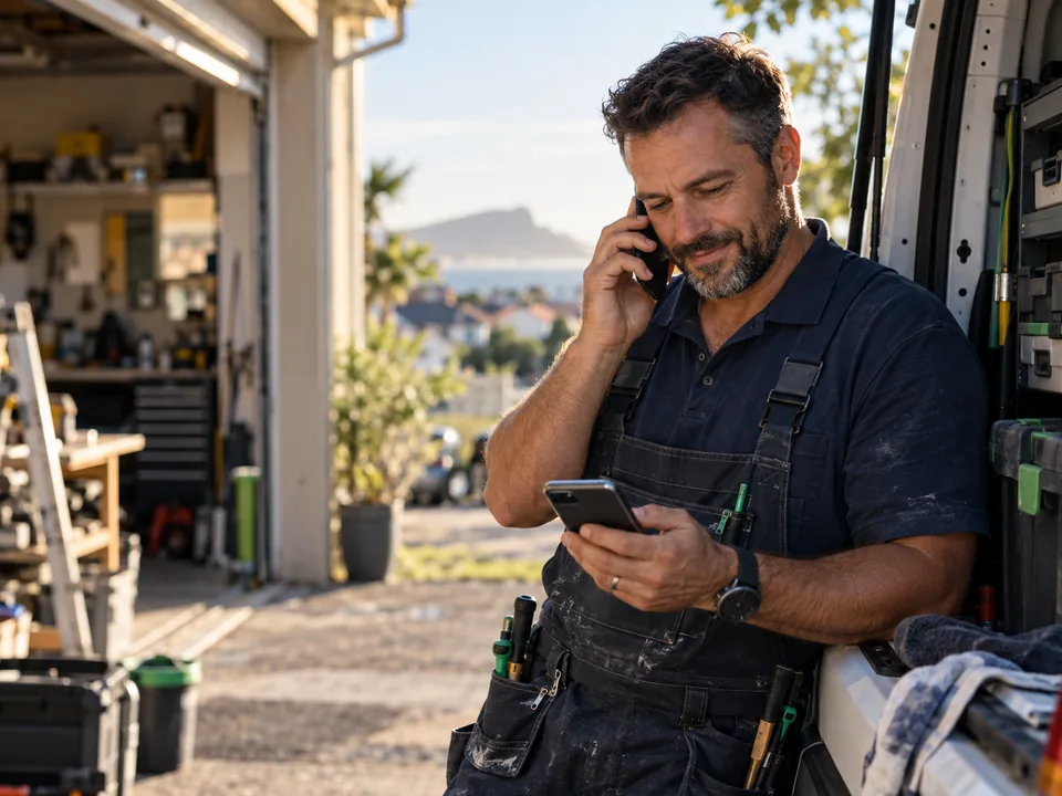 A plumber returning a customer call beside his service vehicle.